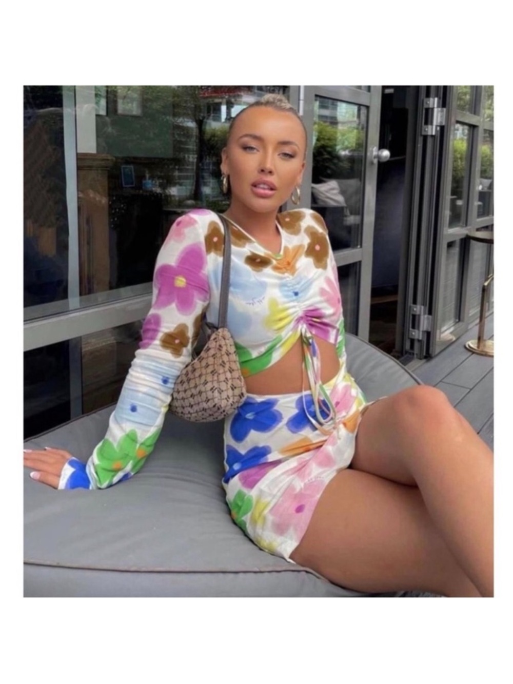 NWT With Jeans Dress Hermana Mini Cutout Ruched in Viola Tricolor Floral